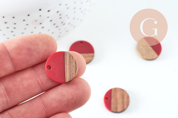 pendentif disque bois résine rouge 18mm, création bijoux bois, x5 G0332
