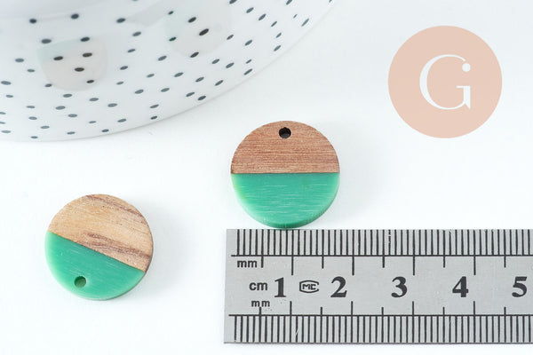 pendentif disque bois résine verte 18mm, création bijoux bois, x5 G0329