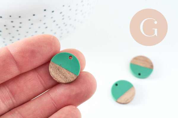 pendentif disque bois résine verte 18mm, création bijoux bois, x5 G0329
