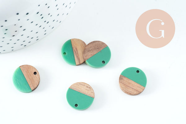 pendentif disque bois résine verte 18mm, création bijoux bois, x5 G0329