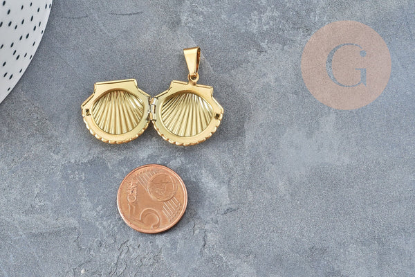 pendentif locket coquillage acier IP inoxydable doré 18K/platine 23.5mm,x1 (G4552)