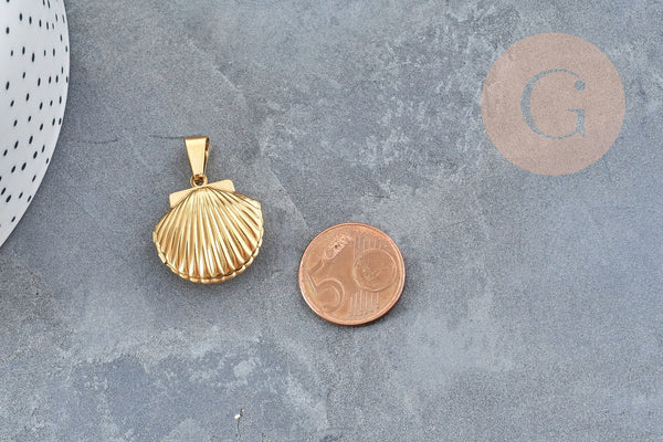 pendentif locket coquillage acier IP inoxydable doré 18K/platine 23.5mm,x1 (G4552)