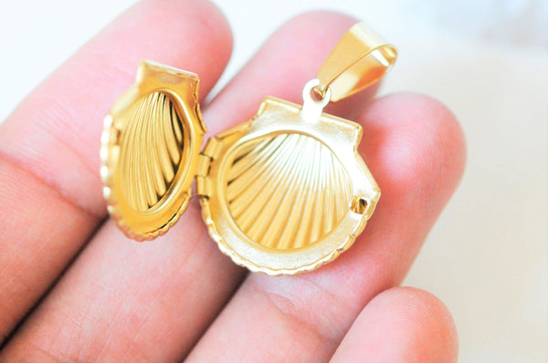 pendentif locket coquillage acier IP inoxydable doré 18K/platine 23.5mm,x1 (G4552)