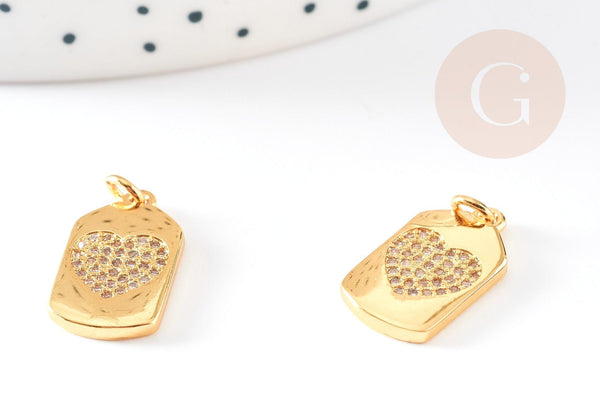 pendentif médaille rectangle coeur laiton doré 18k cristal sans nickel,création bijoux,pendentif amour, 17x10mm, x1 G3479