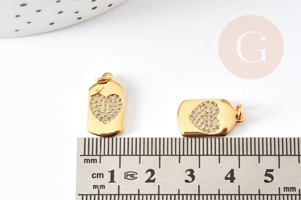 pendentif médaille rectangle coeur laiton doré 18k cristal sans nickel,création bijoux,pendentif amour, 17x10mm, x1 G3479