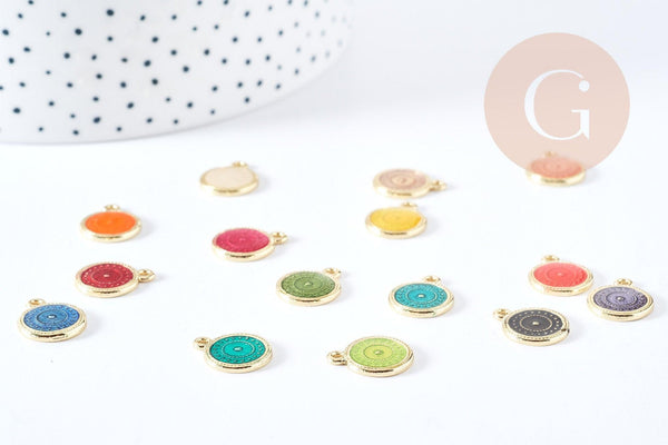 pendentif médaille ronde zamac doré émail coloré 18k 15mm, pendentif pour création bijoux chance x1 x5 G2413