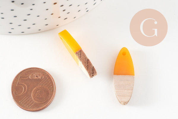 pendentif ovale bois résine jaune, bois naturel,perle bois, Perle géométrique,perle ovale,création bijoux bois,28mm, x5 G1524