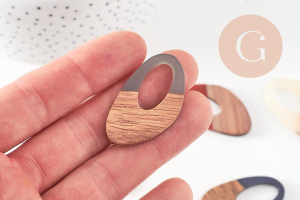 pendentif ovale bois résine , perle bois naturel, Perle géométrique,perle création bijoux bois,39mm,x5 G3783