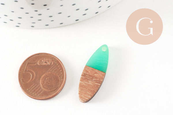 pendentif ovale bois résine verte, bois naturel,perle bois, Perle géométrique,perle ovale,création bijoux bois,28mm, 5x G7530