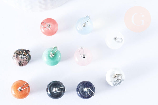 Pendentif pomme pierre naturelle acier inoxydable platine 14-15mm, x1 (G7109)