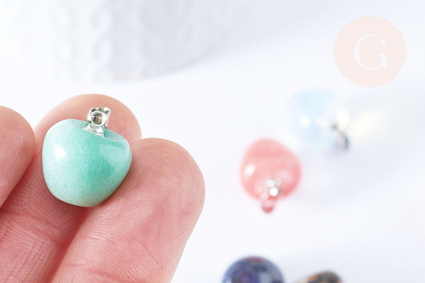 Pendentif pomme pierre naturelle acier inoxydable platine 14-15mm, x1 (G7109)