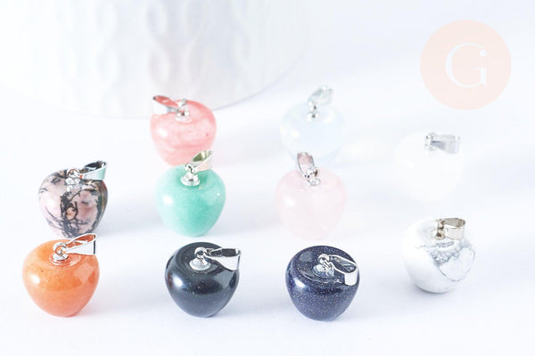 Pendentif pomme pierre naturelle acier inoxydable platine 14-15mm, x1 (G7109)