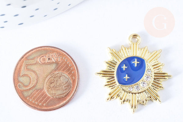 pendentif soleil lune étoiles bleu zamac doré 18k cristal zircon 26mm, x1 (G6682)