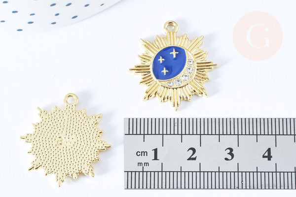 pendentif soleil lune étoiles bleu zamac doré 18k cristal zircon 26mm, x1 (G6682)