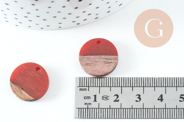 perle disque bois résine orange 18mm,création bijoux bois, x5, G3403