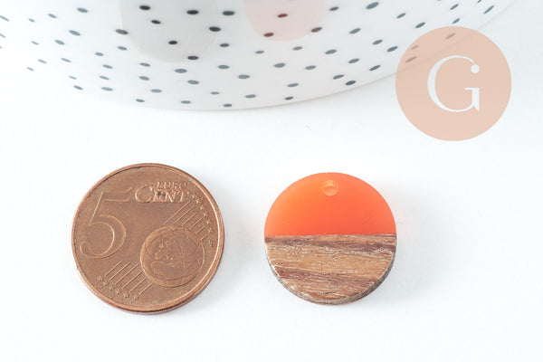 perle disque bois résine orange corail 18mm,création bijoux bois x5, G3153