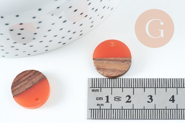 perle disque bois résine orange corail 18mm,création bijoux bois x5, G3153
