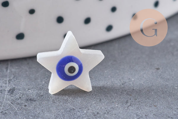 perle étoile nacre blanche mauvais oeil bleu foncé, 12mm, x10 (G3301)