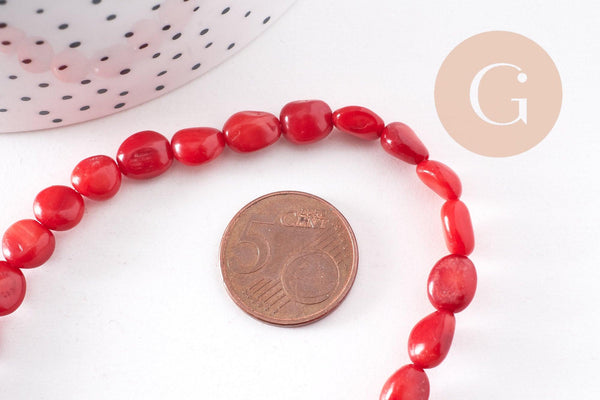 perle ovale corail rouge, perles corail, corail rouge,corail naturel, fil 40cm,6-12mm, x1 (G1827)