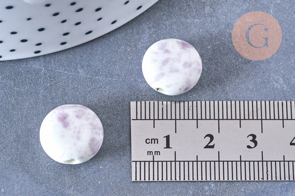 perle porcelaine blanc violet 15mm, perle striées,perle céramique, fabrication bijoux, céramique violette, x5 G5718