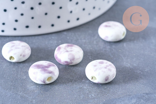 perle porcelaine blanc violet 15mm, perle striées,perle céramique, fabrication bijoux, céramique violette, x5 G5718