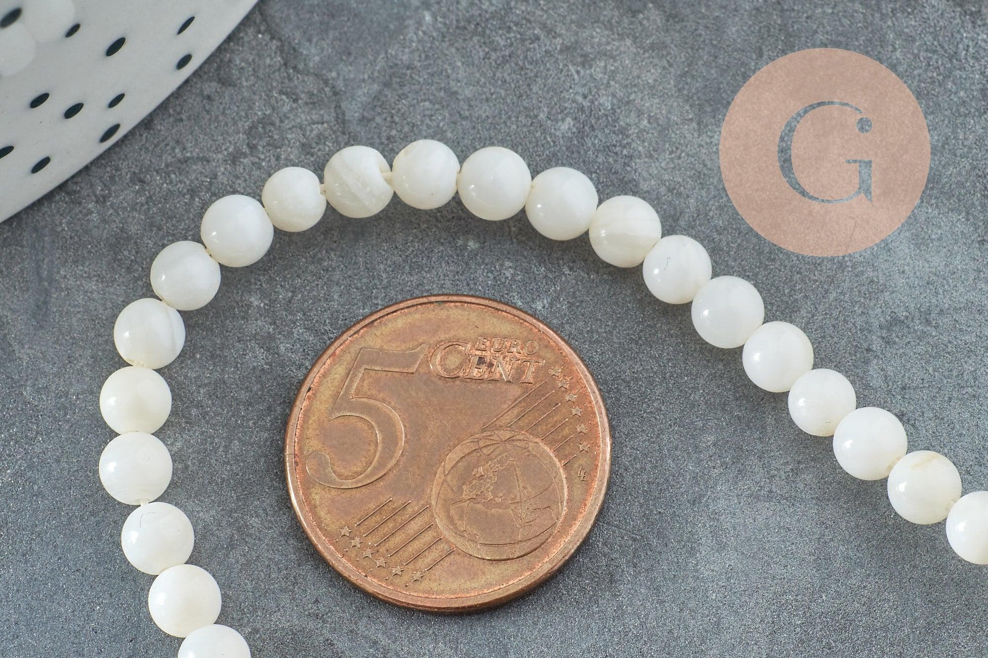 Perle ronde nacre coquillage blanc, le fil de 37cm, x1 (G5601)