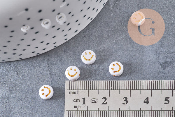 perle ronde smiley doré plastique blanc 7mm, x10 grammes (G4801)