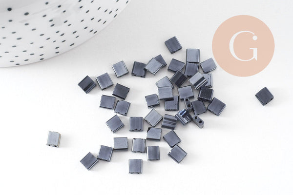 perles rocaille carré opaque noir irisé, perle carré création bracelet, perle tila,4.5mm,2 trous, x50 (4.8GR) (G5478)