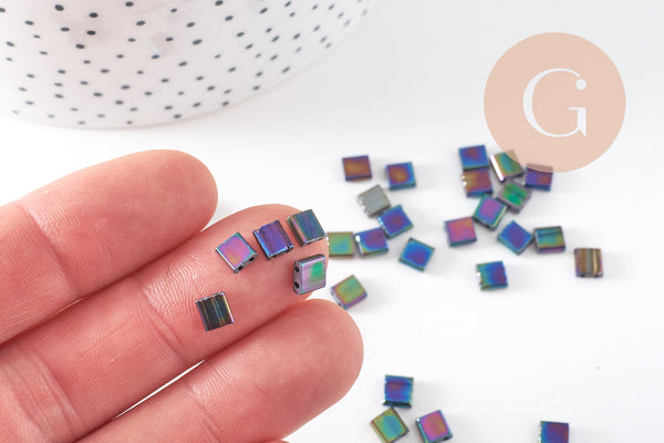 perles rocaille carré verre rectangle arc-en-ciel plaqué 4.5mm, x50 (4.8GR) (G5486)