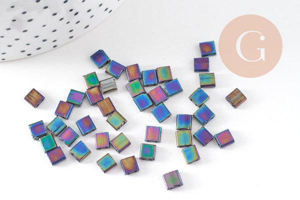 perles rocaille carré verre rectangle arc-en-ciel plaqué 4.5mm, x50 (4.8GR) (G5486)