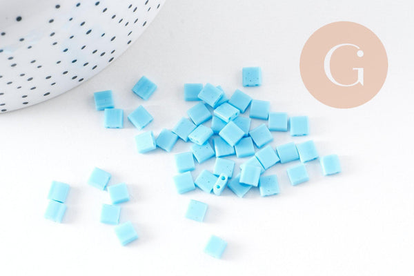 perles rocaille carré verre rectangle bleu, perle carré création bracelet, perle tila,4.5mm,2 trous, x50 (4.8 GR) (G5481)