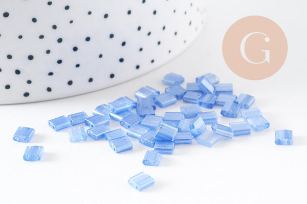 perles rocaille carré verre rectangle bleu tendre nacré, perle carré création bracelet, perle tila,4.5mm,2 trous, x50 (4.8 GR) (G4452)