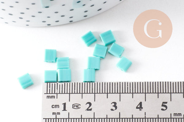 perles rocaille carré verre rectangle vert, perle carré création bracelet, perle tila,4.5mm,2 trous, x50 (4.8GR)(G5480)