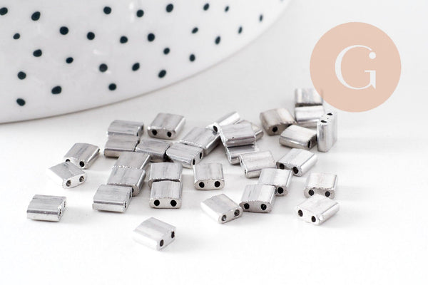 perles rocaille verre rectangle plaqué Argent, perle carré création bracelet, perle tila,4.5mm,2 trous, x50 (4.8Gr) (G5487)