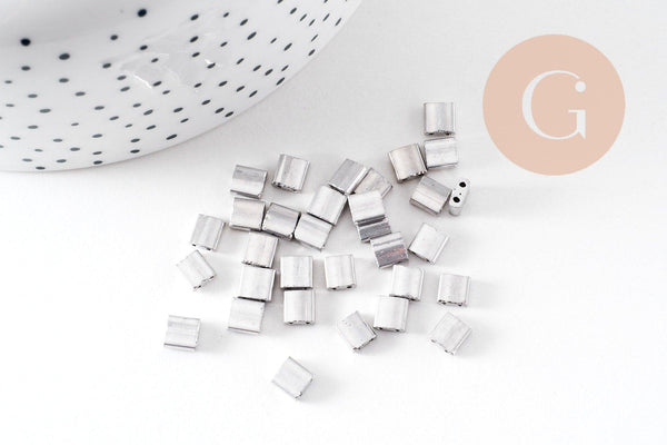 perles rocaille verre rectangle plaqué Argent, perle carré création bracelet, perle tila,4.5mm,2 trous, x50 (4.8Gr) (G5487)