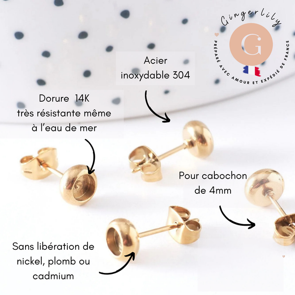 Clous-puces oreille support cabochon 4mm acier 304 inoxydable dore IP, x10 (G10607)