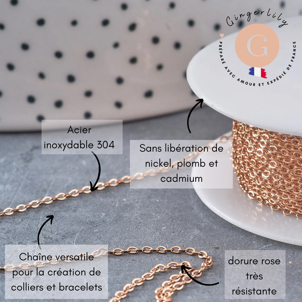 Chaine forçat acier 304 inoxydable or rose IP 1.5mm, x1 mètre (G10879)