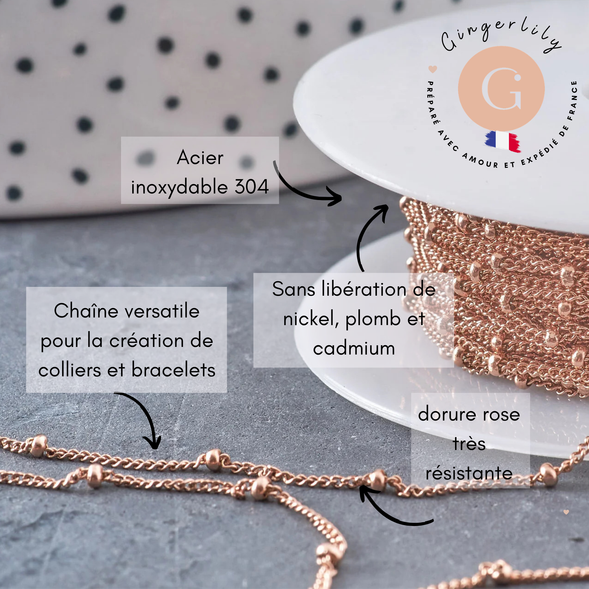 Chaine satellite 304 inoxydable or rose IP 1.5mm, x1 mètre (G10877)