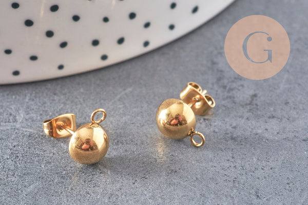 Clous puces oreille boule avec anneau acier 201 doré inoxydable 8mm, la paire (G11019)