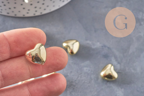 Cuentas de plástico con forma de corazón abovedadas bañadas en oro, 13 x 15 mm, x10 VÁLIDAS
