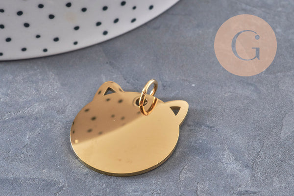 Pendentif tête de chat acier 201 inoxydable doré 29mm personnalisable, x1 VALIDE