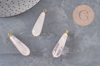 Pendentif goutte quartz rose naturel laiton & acier doré 38mm, x1 (G11052)