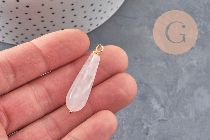 Pendentif goutte quartz rose naturel laiton & acier doré 38mm, x1 (G11052)
