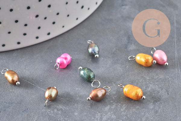 Breloque Perle d'eau douce naturelle colorée laiton platine 13mm, x1 (G11066)