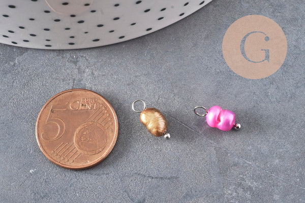 Breloque Perle d'eau douce naturelle colorée laiton platine 13mm, x1 (G11066)