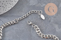 Collier Chaine maille cubaine diamantée acier inoxydable platine 9mm/41cm, x1 (G11055)