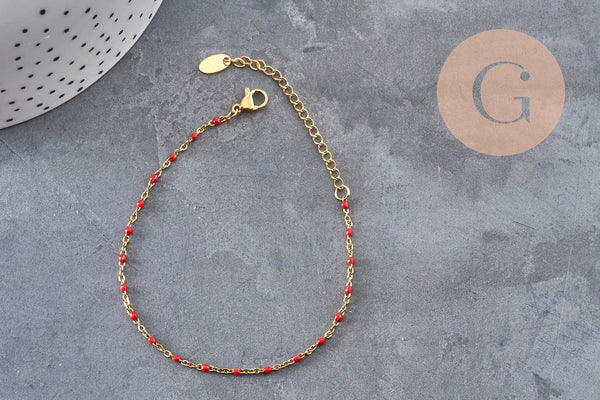 Bracelet Chaine 14k fantaisie résine rouge acier inoxydable doré 2mm/23cm, x1 (G1361)