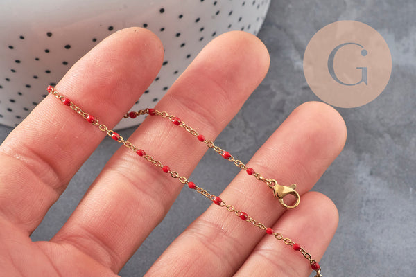 Bracelet Chaine 14k fantaisie résine rouge acier inoxydable doré 2mm/23cm, x1 (G1361)