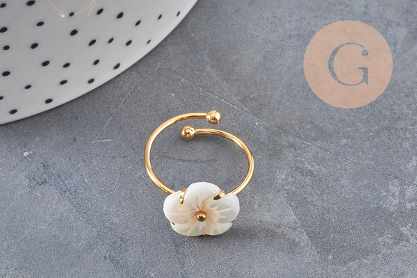 Bague réglable fleur nacre naturelle chaine acier inoxydable doré PVD, x1 (G11077)