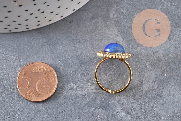 Bague réglable pierre bleue acier inoxydable doré PVD Taille 53, x1 (G11078)